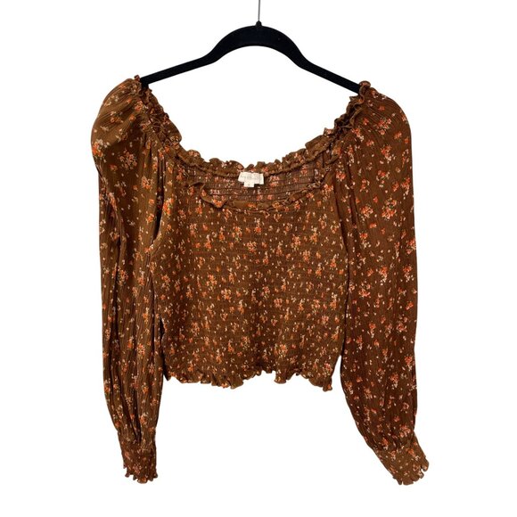 Hem and Thread Floral Smocked Top Women Size M Long Sleeve Brown Bohemian Hippie - Picture 1 of 7